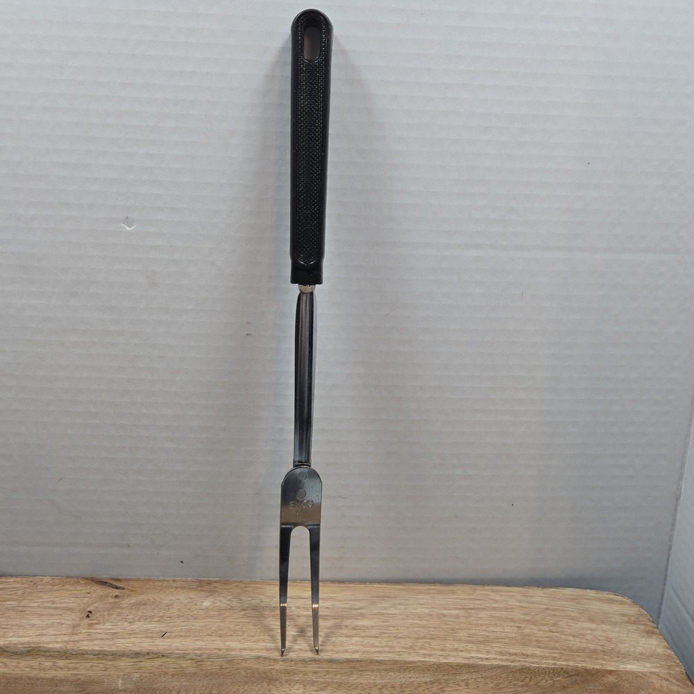 Vintage EKCO USA Stainless Steel 2 Prong Meat Serving Carving Fork Black Handle